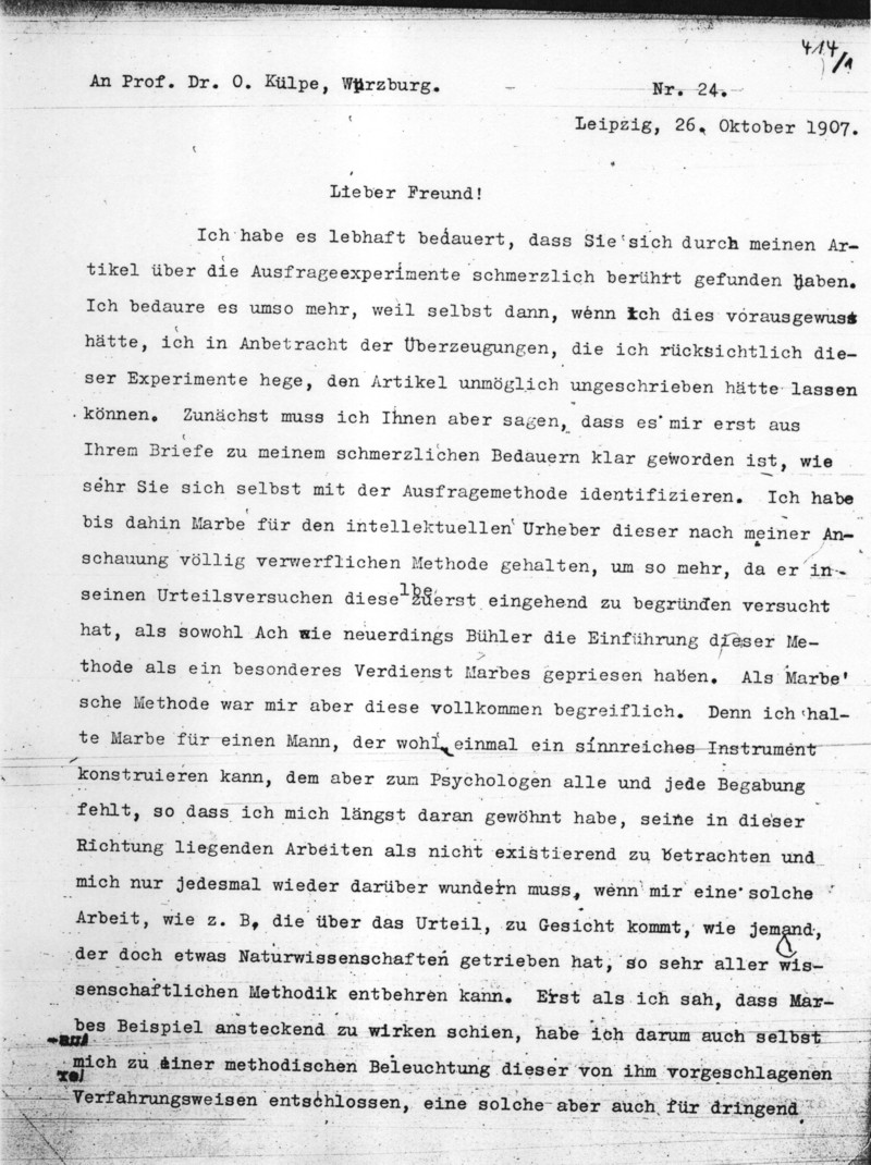 Brief an O. Külpe, 1907, Seite 1