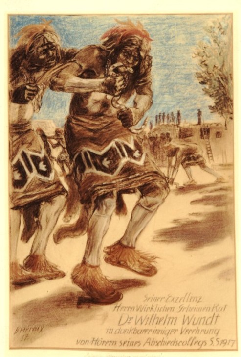 Zeichnung >Religiöser Schlangentanz nach der Erntezeit bei den Pueblo-Indianern in Arizona<, Wilhelm Wundt von den Hörern seiner Abschiedsvorlesung im Sommersemester 1917 gewidmet