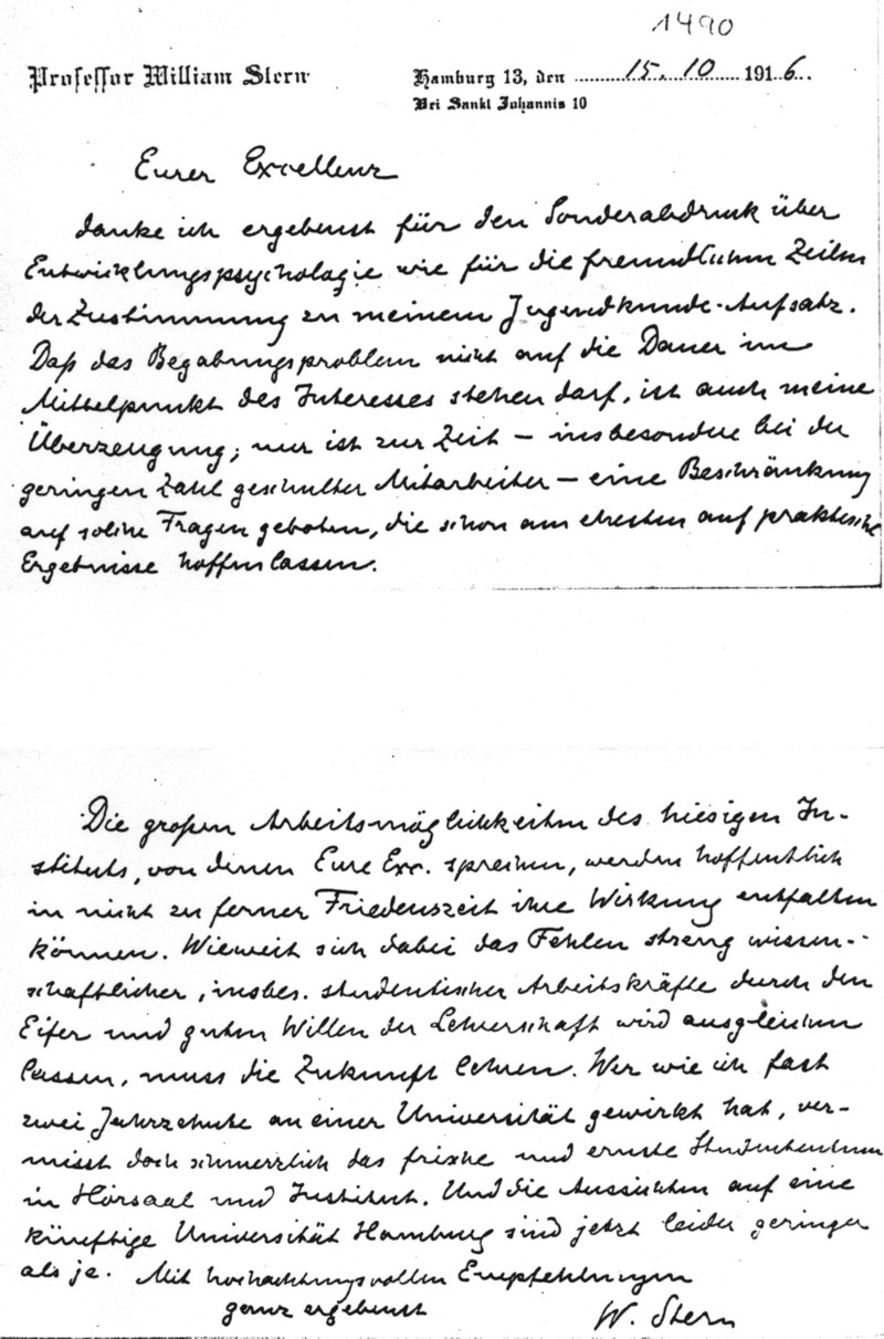 Brief von W. Stern, 1916
